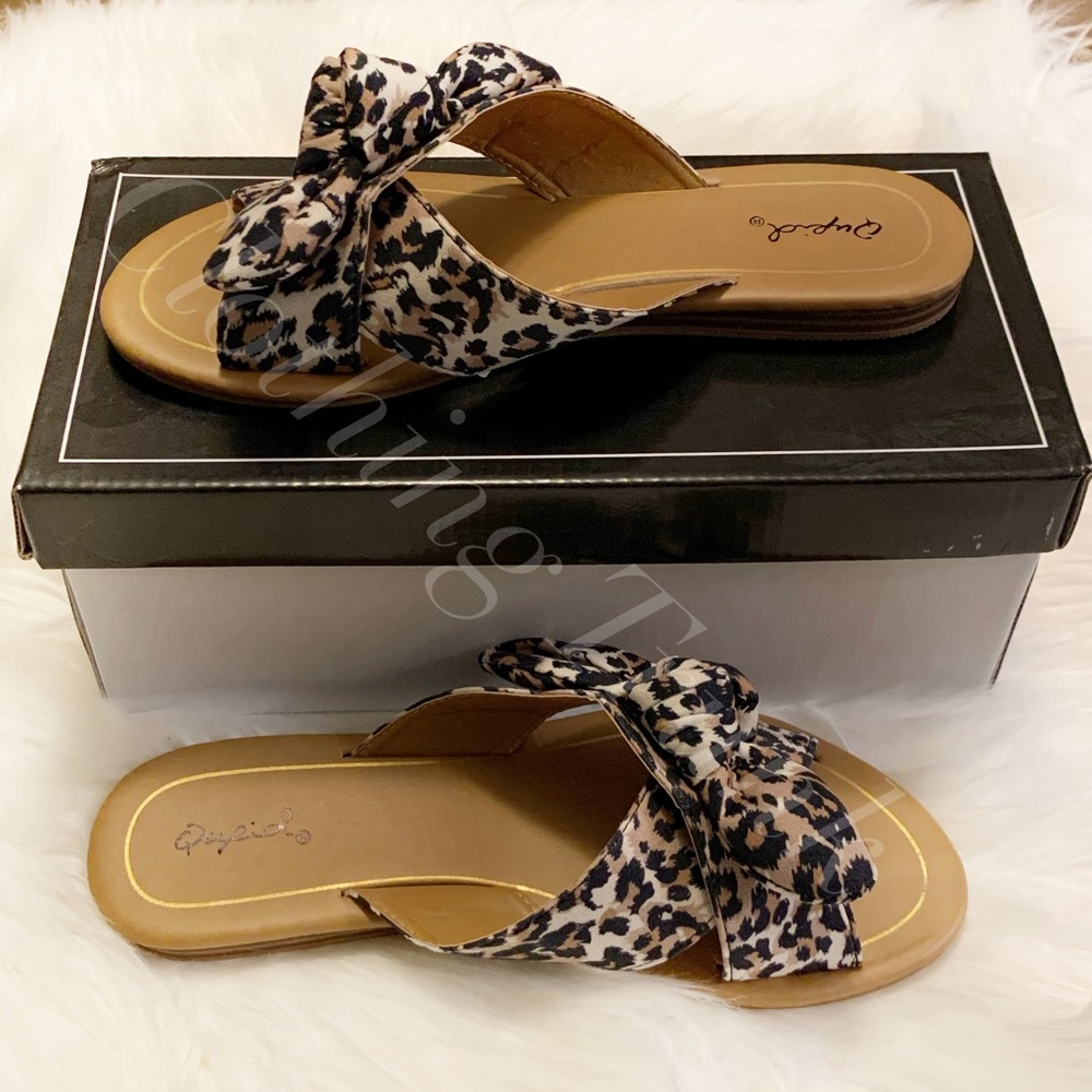 NIB Women’s Leopard Bow Slide Sandals | Qupid | Animal Print Slip-On Shoes - Picture 6 of 15